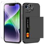 Coolden for iPhone 15 Case with Card Holder & 2 Screen Protector + 1 Camera Lens Protector Full Body Heavy Duty Protective Case Armor Shockproof Wallet Case Cover for iPhone 15 Phone Case-Black