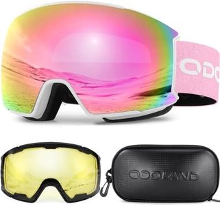 Odoland Ski Goggles Set with Detachable Lens, Interchangeable Lens, Anti-Fog 100% UV Protection Snow Goggles for Men and Women, Helmet Compatible, White Frame Pink Lens vlt 25%
