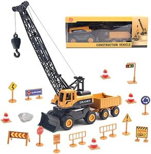 Joyfia Crane Toys Truck, Construction Truck Toy Set with Road Sign Accessories (15PCS), Outdoor Engineering Vehicle for Sand Party Favor, Birthday Gift Toy for 3-8 Years Old Toddlers Kids Boys