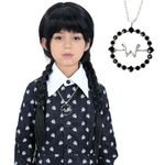 Bettecos Wednesday Wig for Girls with Necklace Long Black Braided Heat Resistant Synthetic Pigtails Hair Wigs for Kids Halloween Party Cosplay Costume (Kids Wednesday Wig+Necklace)