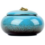 Large Size Color Glaze Cigar Ashtray Windproof and Rainproof Outdoor Ceramic Ashtray Travel Portable Ash Tray with Metal Lifting Ring Lid Decorative Ashtray (Blue)