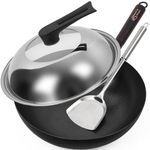 Souped Up Recipes Carbon Steel Wok for Electric, Induction and Gas Stoves (Lid, Spatula and User Guide Video Included) (Wok Set with Stainless Steel & Glass Lid)