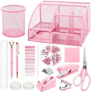 11 Pcs Pink Office Supplies Set Mesh Desk Organizer Accessories Kit include Stapler Tape Dispenser Staple Remover Clips Ruler Scissors Sticky Notes for Office School Home Women (Pink)