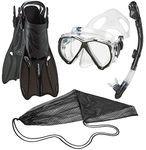 Phantom Aquatics Rapido Boutique Collection Mask Fin Snorkel Set, Panoramic View Snorkel Mask, Dry Snorkel Set with Snorkeling Gear Bag (M/L, 9-12, Schwarz)