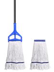 Loop-End String Mop Heavy Duty Commercial Industrial Mops with 2 Extra Mop Heads Replacement, 59 Inch Cotton Wet Mop for Floor Cleaning Blue