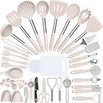 Silicone Cooking Utensil Set, Umite Chef 43 PCS Heat Resistant Kitchen Utensil Gadgets Set-Stainless Steel Handle- Kitchen Spatula Tools for Nonstick Cookware, Pots and Pans Accessories (Khaki)