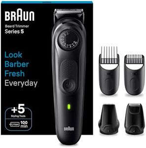 Braun Barttrimmer Series 5, Elektrischer Bartschneider Herren mit 5 Zubehörteile, Ultrascharfe ProBlade Klinge, 100 Min Akkulaufzeit, Kabelloser Bartrasierer, 40 Längen, Wasserdicht, BT5430, Schwarz
