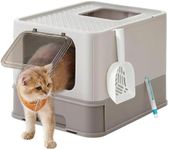FEANDREA Cat Litter Box with Lid, Covered Litter Box with Top Entry, Slide-Out Tray, Scoop, Brush, for Large Cat, Max. Load 33 lb, Anti-Tracking, Anti-Leaking, Oatmeal and Warm Gray PPT001G01