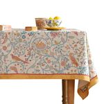 patdrea Designer Yellow French Spring Summer Tablecloth, Rustic Linen Floral Birds Pattern Table Cloth for Square Tables,Decor Table Cover for Kitchen Dining Patio Holiday Banquet,55"*55"