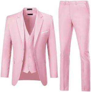 Men Suits 3 Pieces Set Slim Fit Wedding Suit Groomsmen Prom Suit Tuxedo Business Formal Casual Groom Suit Jacket Blazer Pants, Pink, Medium