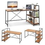 COSTWAY L-Shaped Computer Desk, Large Reversible Corner Desk with Open Storage Shelves, Space-Saving Writing Study Table PC Laptop Gaming Desk, Modern Simple Workstation (Black + Walnut)