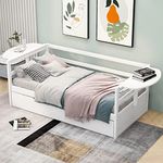 Harper & Bright Designs Twin Size Daybed with Trundle, Solid Wood Daybed Frame with Foldable Shelves on Both Sides, for Kids Teens Guests. Bedroom Living Room Furniture (Twin, White)