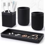 Resin Tumbler Cup for Bathrooms Bathroom Accessories Set 4 Pcs, Matte Black Mouthwash Cup Couple Bathroom Tooth Brushing Cup Set with Toothbrush Holder and Tray, for Sink Countertop Modern Home Decor