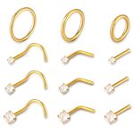 Prasacco 12 Pack Nose Rings Hypoallergenic Gold Nose Rings Hoops 20G Stainless Steel Nose Studs CZ Nose Rings Studs Nose Piercing Jewelry Nose Rings for Women Men