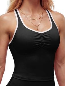SEASUM Women's Tank Top with Built-in Bra, Longline Backless Scoop Neck Sports Crop Top, Contrast Binding, Removable Pads for Workout Gym Black L