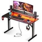 Small Gaming Desk with LED Lights & Power Outlets, 39 Inch Computer Desk Gaming Table with Monitor Shelf, Gamer Desk with Carbon Fiber Texture, Boys Desk Gift for Men