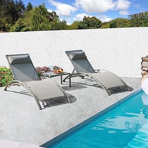 Domi Lounge Chair Set of 3, Aluminum Lounge Chairs for Outside with 5 Adjustable Positions, Chaise Lounge Outdoor for Pool, Garden, Beach, 2 Pool Chairs and 1 Side Table(Gray)