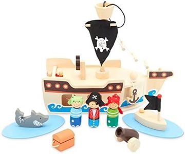 BLUE PANDA Wooden Pirate Ship for Kids Ages 3-7 - Pirate Toys Playset with Pirate Boat and Shark Figurines (11 Pieces)