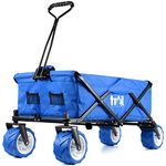 Trail Beach Trolley Cart Folding Camping Festival Wagon With Pull Along Handle, All Terrain Wheels, Drink Pockets, 60KG Capacity (Blue)