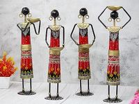 JH Gallery Handmade Handcrafted Wrought Iron Tribal Village Lady Doll Nerga Worker Showpiece Decorative Items for Home Décor (Length 3 inch *Height 13.5 inch) Set of 4 pcs