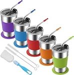 Stainless Steel Kids Cups, 5 Pack 480ml Spill Proof Kids Tumbler with Lid and Straw, Unbreakable Baby Water Drinking Glasses, Reusable Metal Smoothie Sippy Mug