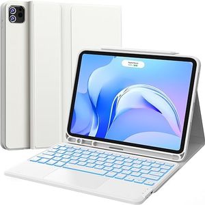 CHESONA iPad Pro 11 Inch Case with Keyboard, Detachable Bluetooth Keyboard with 7-Color Backlight, Touchpad and Pencil Holder, 2 Bluetooth Channels, for iPad Pro 11" / iPad Air 4/5th (White)