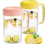 Jucoan 2 Pack 1 Gallon Plastic Straining Pitcher, Large Drink Pitcher Water Carafe Jug Clear Ice Tea Maker Beverage Pitcher with Strainer Cover, Handles, Measurements (Pink + Yellow)