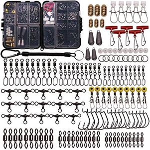 SUPERTHEO Fishing Accessories Kit with Hooks, Bullet Bass Casting Sinkers, Fishing Swivels Snaps, Sinker Slides, Fishing Line Beads, Fishing Set with Tackle Box Lanyard