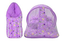 Adore Stuff Baby Cotton Bedding Set with Mosquito Net and 1 Baby Sleeping Bag Combo Gift for New Born Baby (Giraffe Print, Single Size) … (Purple)