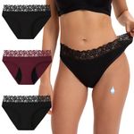 INNERSY Period Pants for Women Lace Menstrual Underwear Cotton Leak Proof Bikini Briefs Pack of 3 (16, 2 Black/1 Burgundy)