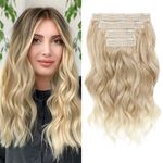 REECHO Hair Extensions, 4PCS Clip in Hair Extensions 14" Short Beach Wavy Hair Extensions Invisible Lace Weft Natural Soft Hairpieces for Women – Dark Blonde with Light Ends