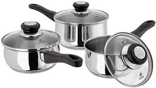 Judge Vista JJA2A Stainless Steel Set of Pans, 3-Piece Set, 14cm,16cm &18cm Saucepans, Classic Curved Shape, Vented Glass Lids, Induction Ready, Oven Safe, 25 Year Guarantee