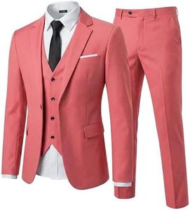 YND Men's Slim Fit 3 Piece Suit Set with Stretch Fabric, One Button Blazer Vest Pants, Solid Party Wedding Dress, Jacket Waistcoat and Trousers with Tie Pink