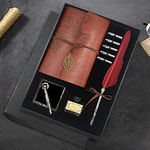 Quill Pen and Ink Set, Antique Feather Dip Calligraphy Pen Set, including Feather Pen, 5 Replacement Nibs, Pen Nib Base, Notebook, Ink, Gift Box, Best Gifts for Men Dad (Red)