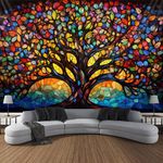 Tree of Life Wall Hanging Decor Tapestry with Stained Glass Colorful Wall Art Large Tapestry Mural Decor Photograph Backdrop Blanket Curtain Home Bedroom Living Room Decoration