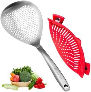 2-in-1 Kitchen Tool Set – Stainless Steel Skimmer Ladle & Silicone Clip-On Strainer – For Frying, Draining Pasta & Vegetables – Heat Resistant, Durable, BPA-Free, Universal Fit