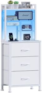 Furnulem Tall Nightstand with LED Lights and 3 Tier Shelves, Night Stand with 3 Fabric Drawers, 45.3inch Tall Bedside Tables with USB Ports and Outlets in Bedroom, Dorm, Office (White)