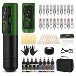 EZ Tattoo Kit - Tattoo Gun Kit with Wireless Tattoo Machine Pen, 1800mAh Power Supply Battery, 20Pcs Tattoo Cartridge Needles and 8 Color Inks for Tattoo Beginners and Artists (P2S Green)