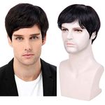 Foreign Holics Short Straight 100% Remy Human Hair with Bangs Brazilian Hair Full Wigs for Men Male Guy with Free Cap (Natural Black 1B#)