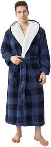 DAVID ARCHY Mens Robe with Hood, Soft Cotton Fleece Hooded Mens Bathrobe(M, Blue Check)