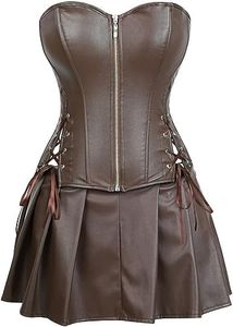 DKCHENH Women's Punk Rock Faux Leather Steampunk Corset gothic bustier skirt set costume.Brown bustier,X-Large Skirt.
