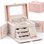 Vlando Jewelry Box Organizer for Girls Women, Large Baroque Jewelry Storage Box with Mirror,Drawers for Bracelets, Earrings, Rings, Necklaces, Mothers Day Difts for Loved One, Pink