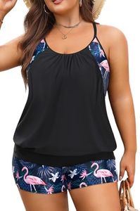 Holipick Flamingo Plus Size Tankini Swimsuit for Women Two Piece Tummy Control Bathing Suit Blouson Tankini Top with Shorts M
