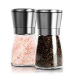 YMTECH Salt and Pepper Grinder Set, Premium Pair of Salt & Peppercorn Mills with Manually Adjustable Coarseness, Brushed Stainless Steel & Glass Body Shakers (Short)