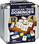 Queensell Mexican Train Dominoes Set with Numbers and 4 Holders - Wooden Hub and Domino Holders - Double 12 with Numbers (D12 Numbers + 4 Holders)