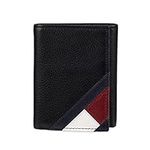 Tommy Hilfiger Men's Genuine Leather Trifold Wallet with ID Window, Credit Card Pockets, Black Stitched Flag, One Size