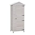 Outsunny 36" x 25" x 79" Outdoor Wooden Garden Shed, 4 Tiers Tool Shed Organizer with 3 Shelves, Handle, Tin Roof, Magnetic Latch, Foot Pad for Garden, Patio, Light Grey