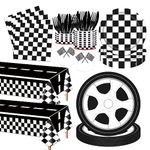 Poqirzan 146PCS Race Car Party Tableware Set Racing Car Plates and Napkins Party Supplies Black and White Checkered Race Car Birthday Party Decorations Car Tablecloth Paper Plates Napkins Set Serve 24