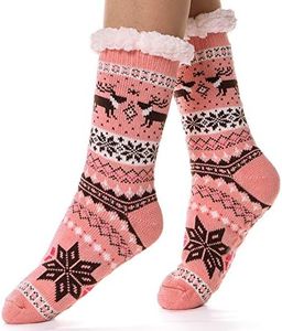 EBMORE Women Slipper Fuzzy Socks Fluffy Cozy Cabin Warm Winter Soft Thick Comfy Fleece Christmas Anti Slip Home Stocking Stuffer(Snowflake-Pink)