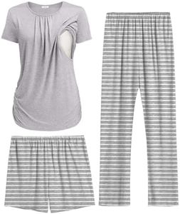 Ekouaer Maternity Pajamas Postpartum Lounge Sets for Women Nursing Pjs Breastfeeding Clothes Pregnancy Shorts & Pants Light Gray Stripe M
